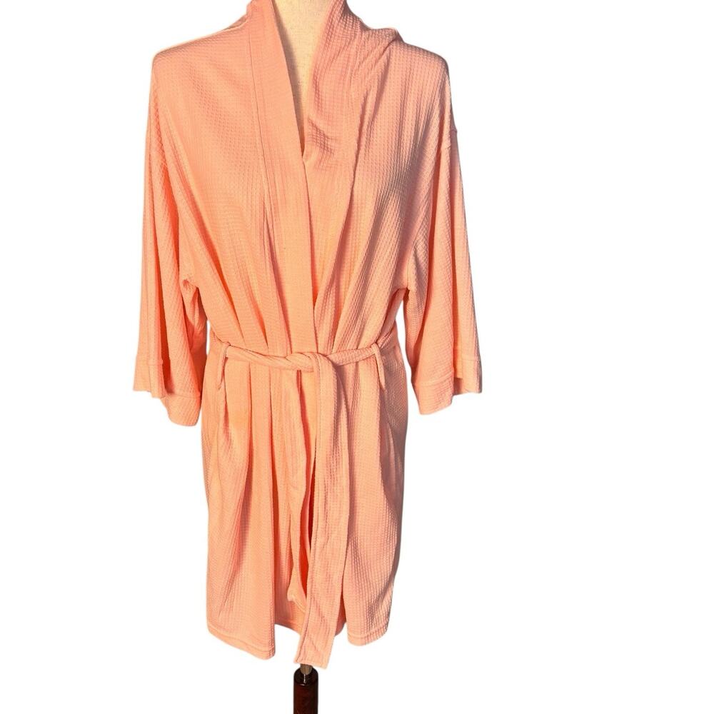 Aegean Apparel Pink Waffle Weave Short Belted Bath Robe Size Large Pockets